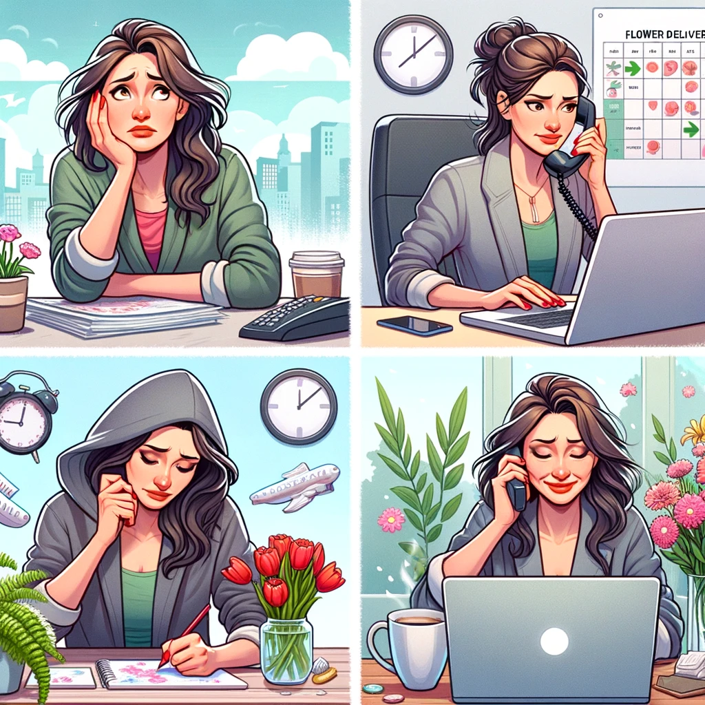 The images depicting a woman's journey from facing challenges to successfully running a one-person flower delivery intermediary business have been created. Each image illustrates a different phase of her journey, highlighting her transition from stress to success.