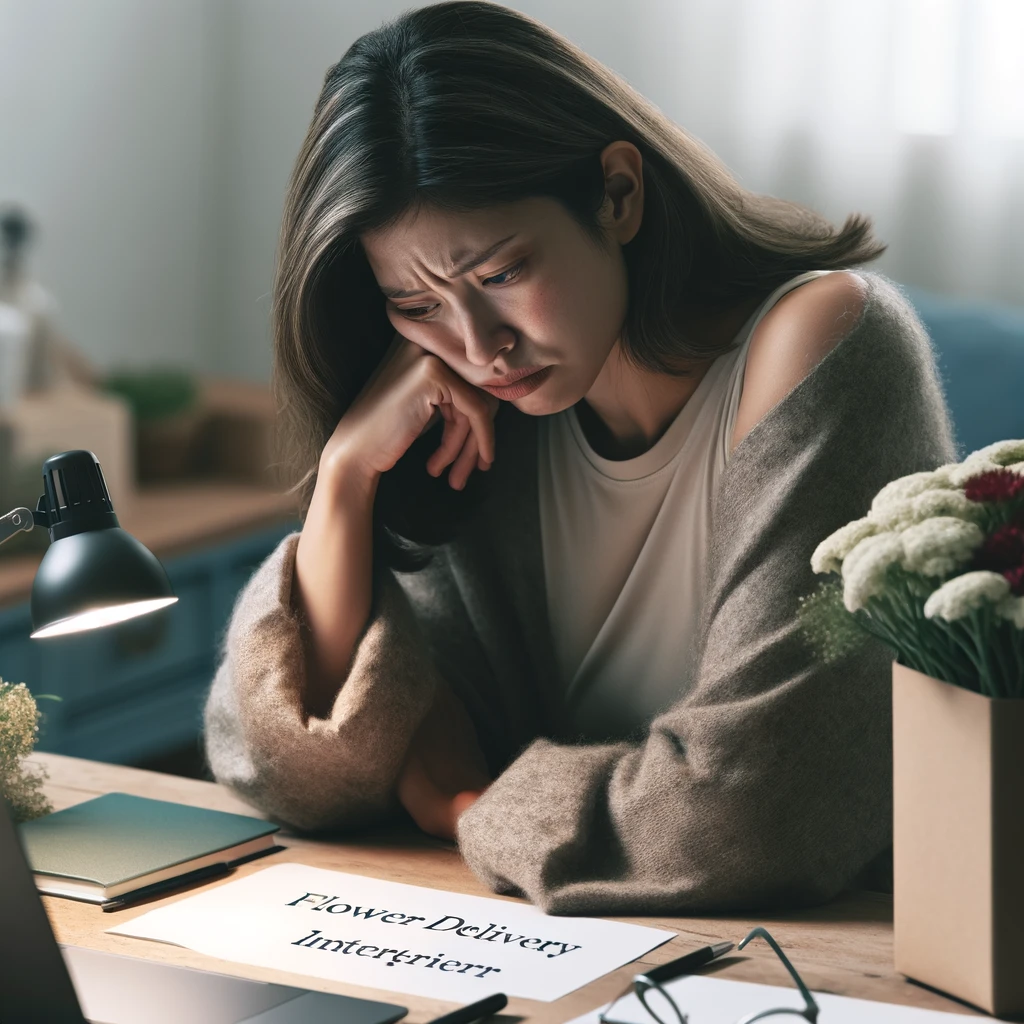 The image capturing the first stage of a woman's journey towards starting her one-person flower delivery intermediary business has been created, showcasing her in a contemplative and somewhat stressed state as she reflects on her current challenges and considers the potential of starting her own business.