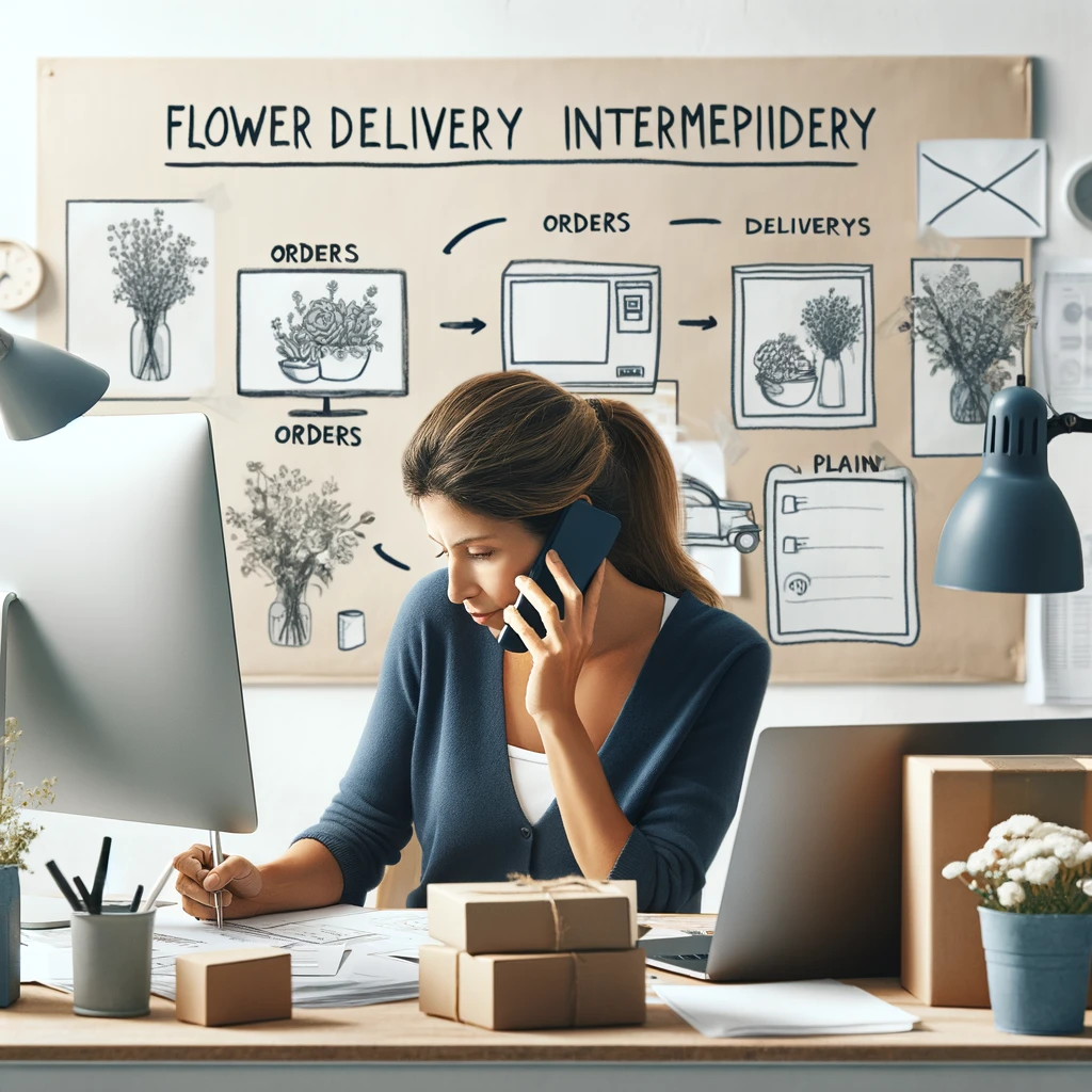 The image has been created to depict a woman in the second stage of her journey, diligently taking phone calls and working on her computer for her one-person flower delivery intermediary business.